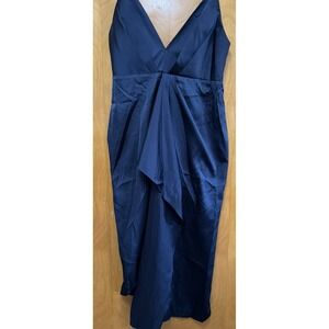 Lulus Womens Caught Feelings Navy Blue Satin Ruffled Midi‎ Dress Sz L NWOT